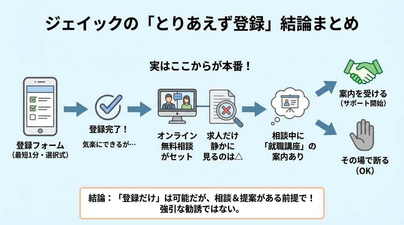 ジェイックの「とりあえず登録」結論まとめ図解