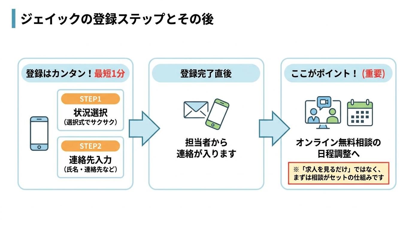 ジェイックの登録ステップとその後の流れ図解